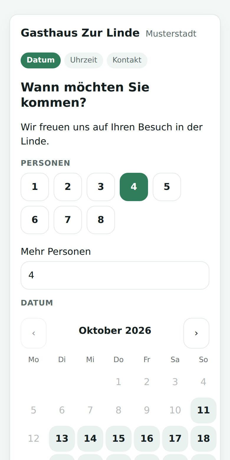 Reservierungsseite mit Datumsauswahl im Beispielbetrieb